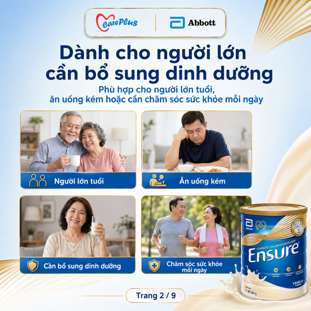 Sữa bột Ensure Úc Abbott 850g vị Vani HSD 2027  Dinh dưỡng cân bằng, 28 vitamin & khoáng chất cho người lớn
