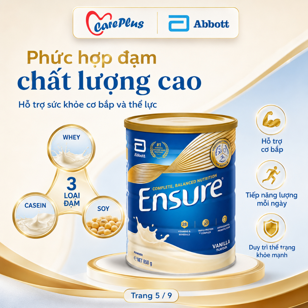 Sữa bột Ensure Úc Abbott 850g vị Vani HSD 2027  Dinh dưỡng cân bằng, 28 vitamin & khoáng chất cho người lớn