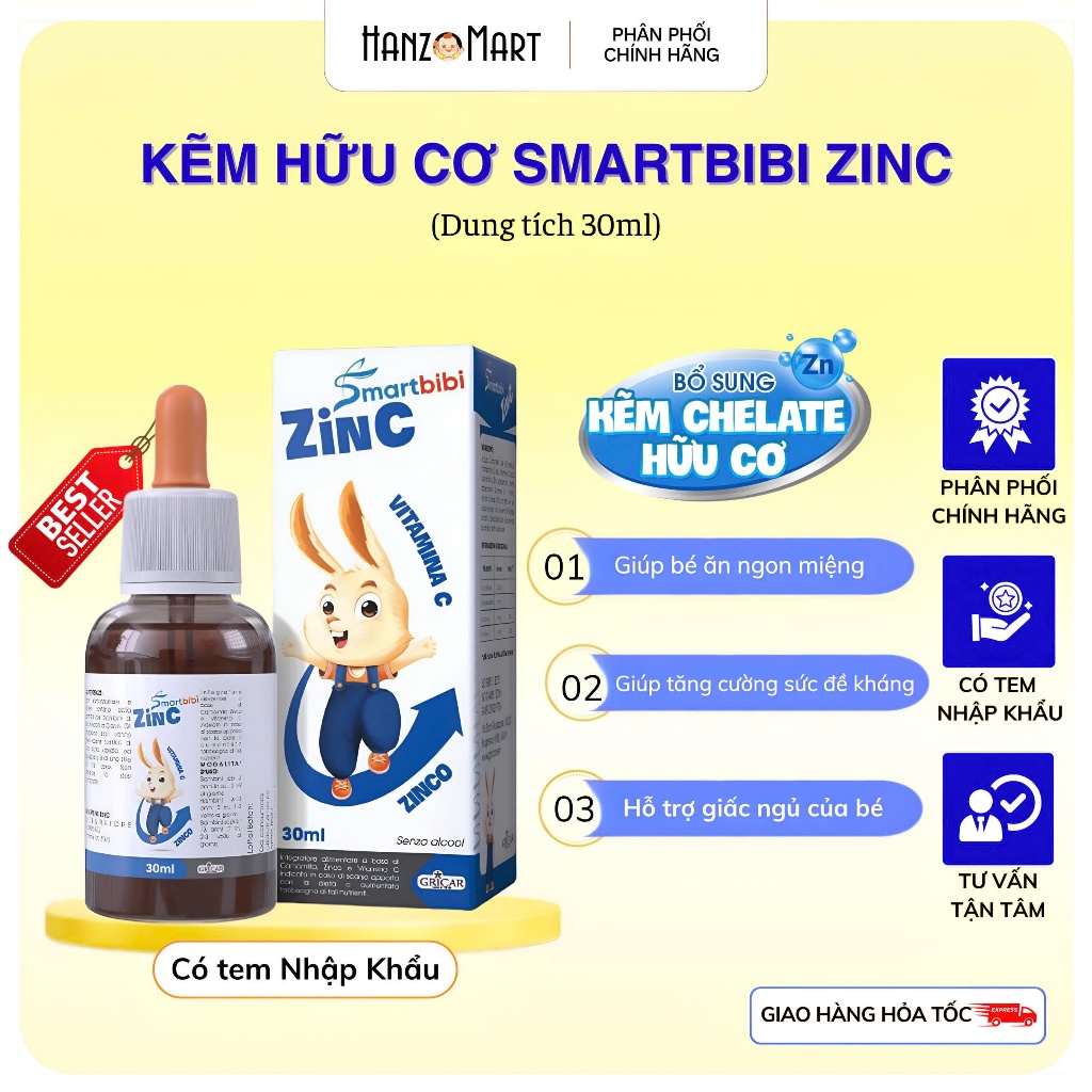 Kẽm Smartbibi ZinC Chelate Hữu Cơ Hỗ Trợ Ăn Ngon Tăng Cân Cho Bé Từ Italia 30ml - hanzomart