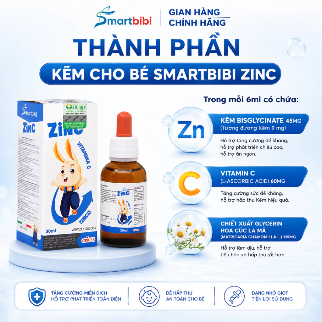 Kẽm Smartbibi ZinC Chelate Hữu Cơ Hỗ Trợ Ăn Ngon Tăng Cân Cho Bé Từ Italia 30ml - hanzomart