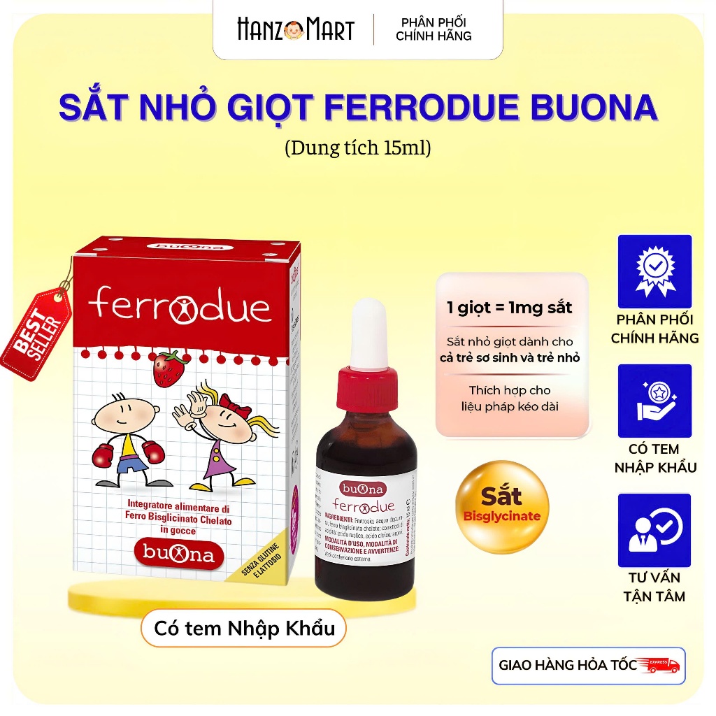 Buona Ferrodue - Sắt hữu cơ dạng nhỏ giọt Ferrodue, bổ sung sắt cho trẻ - Lọ 15ml