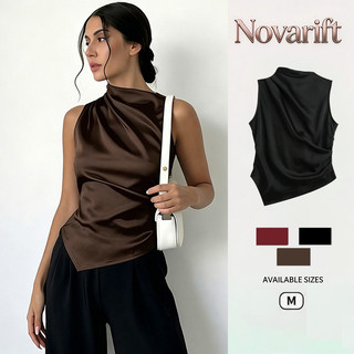 Nova-Áo vest satin cổ cao thanh lịch, vạt bất đối xứng, không tay, thời trang ôm sát dành cho nữ.
