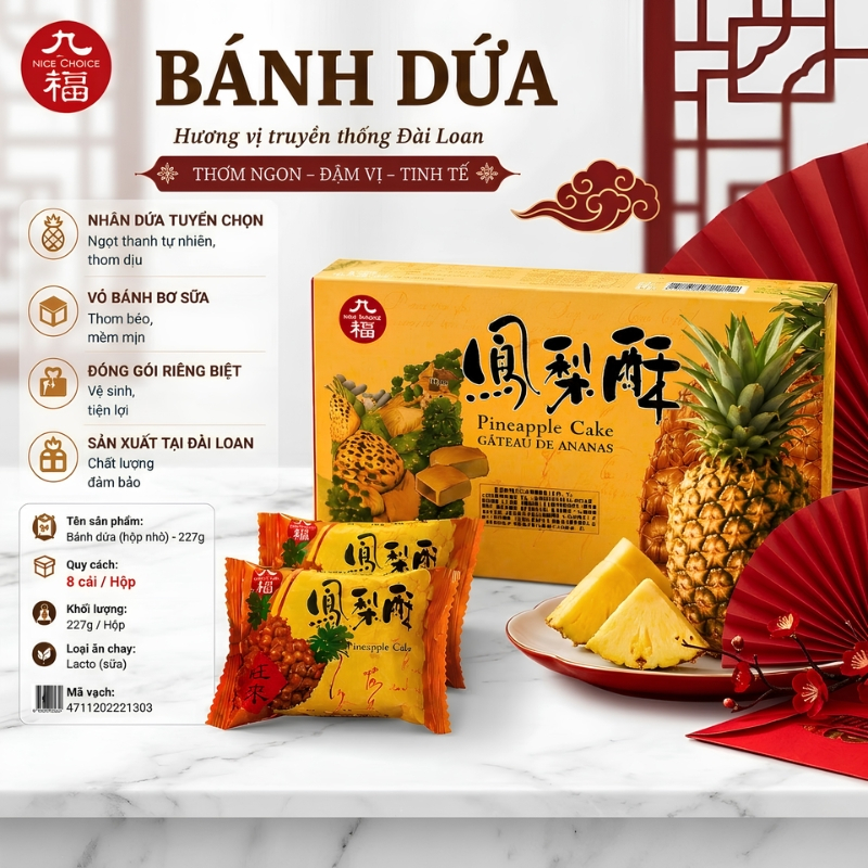 Bánh dứa Đài Loan truyền thống  Nice Choice ít ngọt Hộp 227g(8 cái) Pineapple cake, ăn vặt đài loan