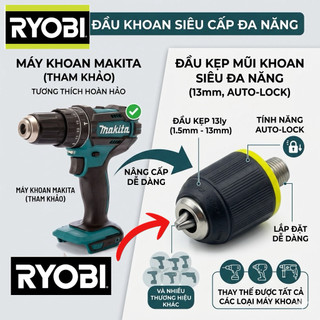 Đầu Kẹp Mũi Khoan Ryobi 13mm Auto Lock Cao Cấp - Đầu Măng Ranh Thay Thế Cho Các Loại Máy Khoan Pin, Khoan Điện