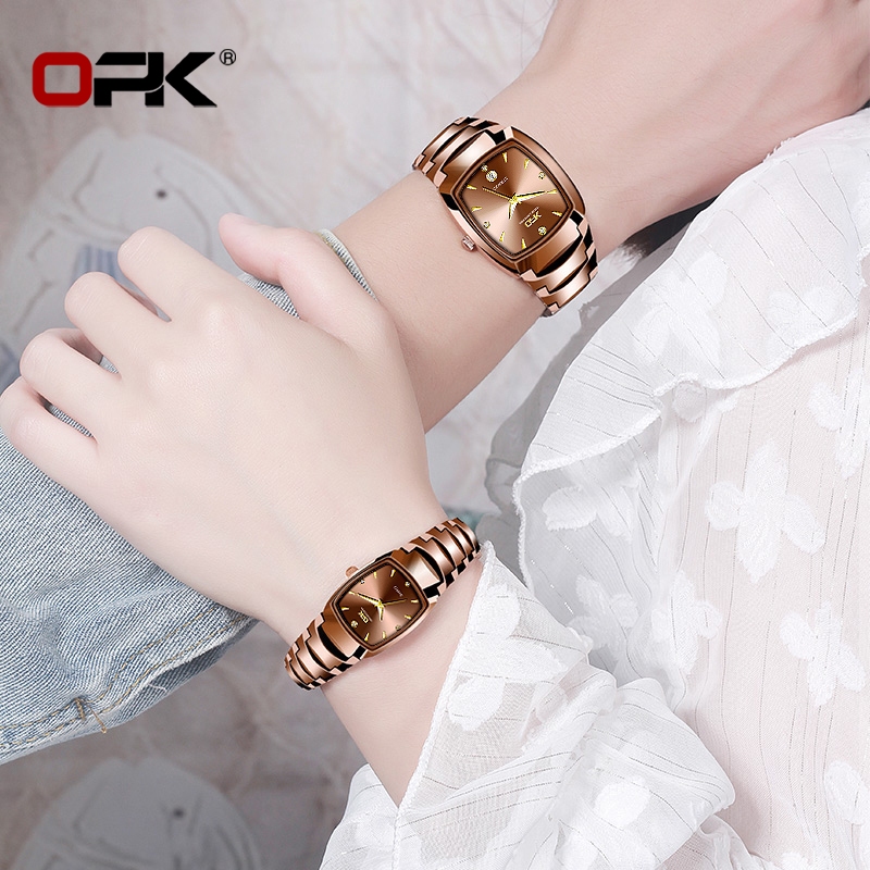 OPK Đồng hồ đôi nam nữ cao cấp Mặt vòm kim cương Dây thép không gỉ Thạch anh Chính hãng Quà 8112
