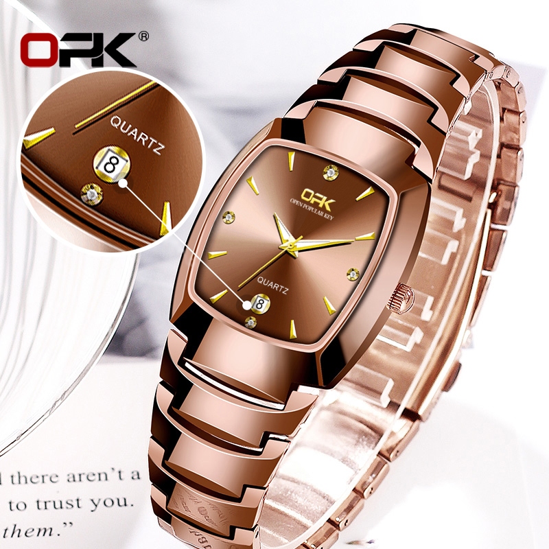 OPK Đồng hồ đôi nam nữ cao cấp Mặt vòm kim cương Dây thép không gỉ Thạch anh Chính hãng Quà 8112