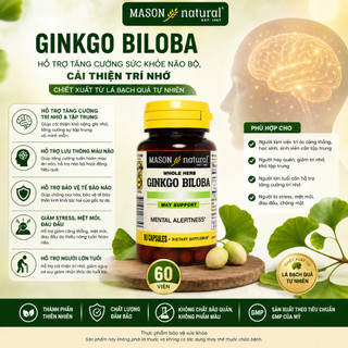 Viên uống bổ não Ginkgo Biloba Mason Natural hộp 60 viên tăng tuần hoàn máu não tăng cường trí nhớ