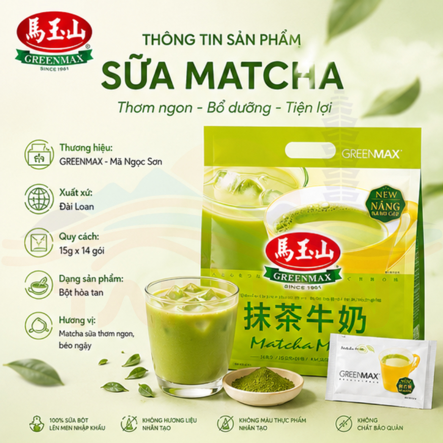 Trà sữa Matcha & Trà sữa hồng trà Greenmax Đài Loan, không hương liệu nhân tạo, 15g × 14gói