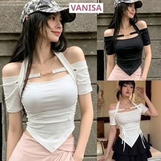 Áo yếm kiểu croptop trễ vai vạt chéo phối khuy phong cách Hàn Quốc VANISA CT005