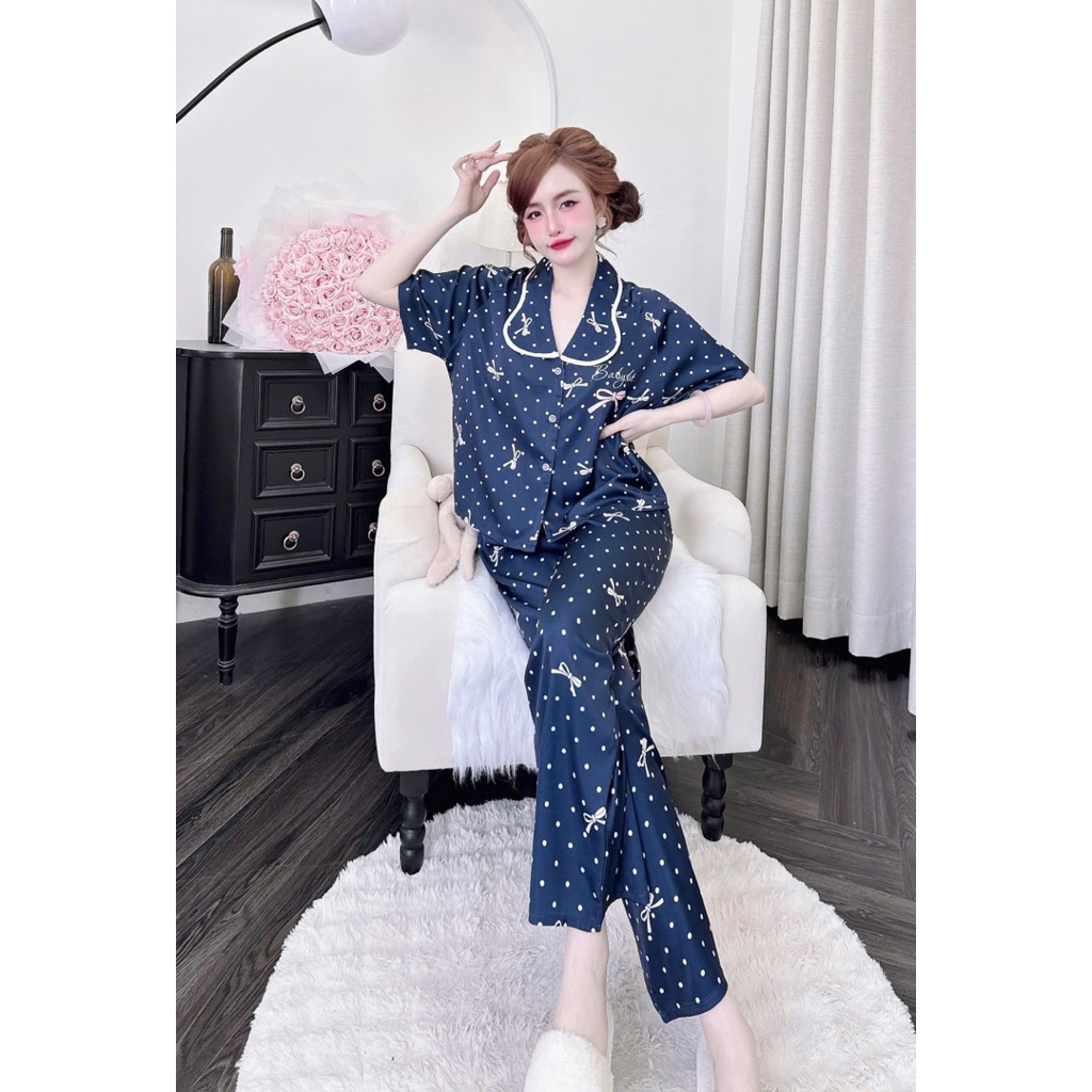 [ Size40-60kg TNQD270624 ]Đồ nữ mặc nhà áo tay ngắn quần dài form croptop phối hoạ tiết đáng yêu chất lụa latin
