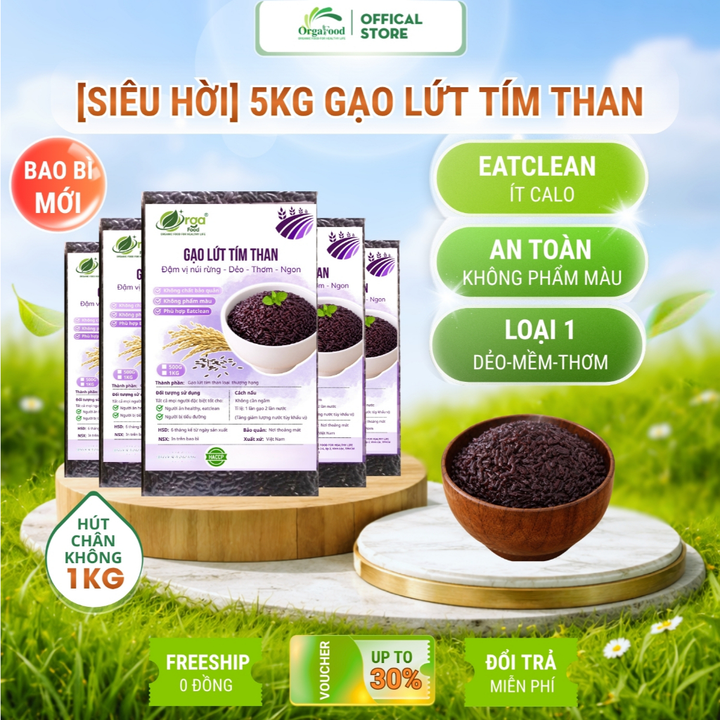 5kg Gạo Lứt Đen Dẻo/ Tím Than Điện Biên Hữu Cơ, Gạo Lức Tím Than Orgafood EAT CLEAN Giảm Cân, Ăn Kiêng