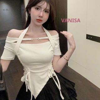 Áo yếm kiểu croptop trễ vai vạt chéo phối khuy phong cách Hàn Quốc VANISA CT005