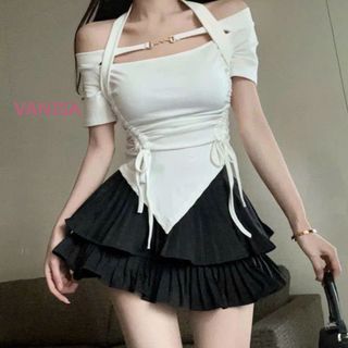 Áo yếm kiểu croptop trễ vai vạt chéo phối khuy phong cách Hàn Quốc VANISA CT005