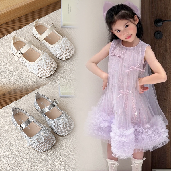 Bella Neman Giày búp bê bé gái lưới nơ ngọc, đế mềm êm chân, thoáng khí mùa hè