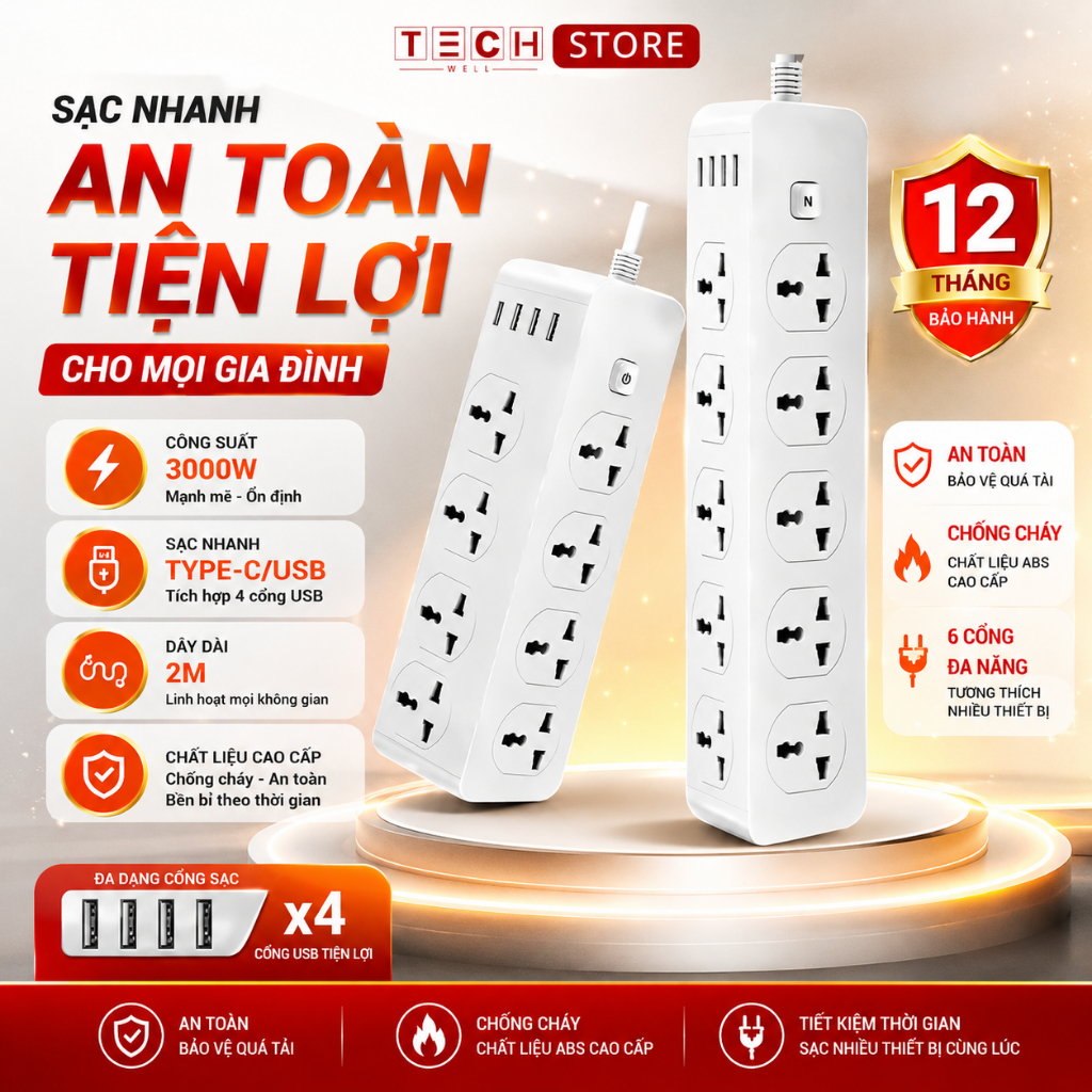 Ổ Cắm Điện Hình Tam Giác, 10 Ổ Cắm 3 USB 1 Sạc Type C, Chịu Tải 3000W, Nhựa PC Cao Chống Giật