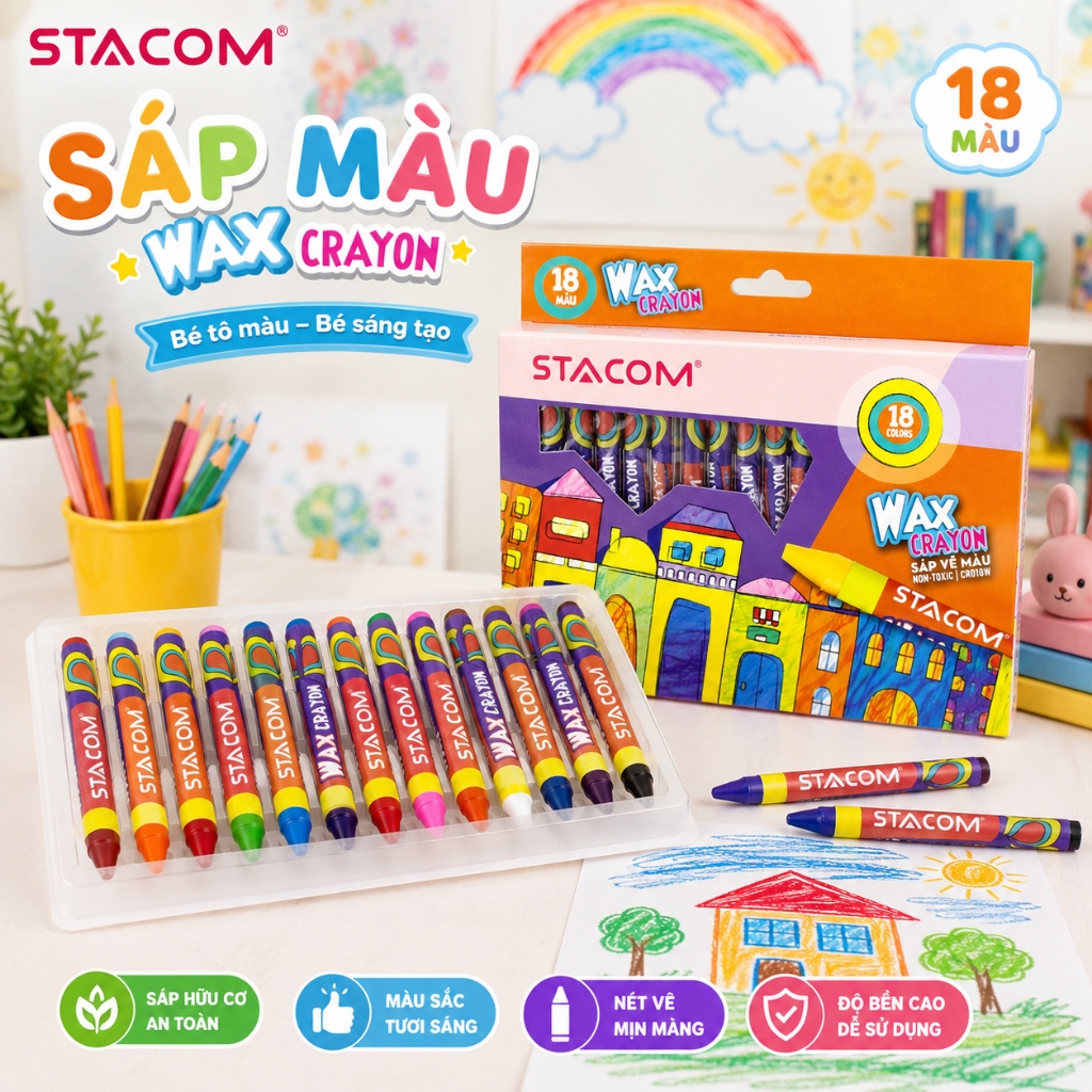 Sáp Màu Hữu Cơ Stacom 12/18/24 Màu Cho Bé Tập Tô, An Toàn, Chính Hãng CR012W CR018W CR024W | Xả Sốc