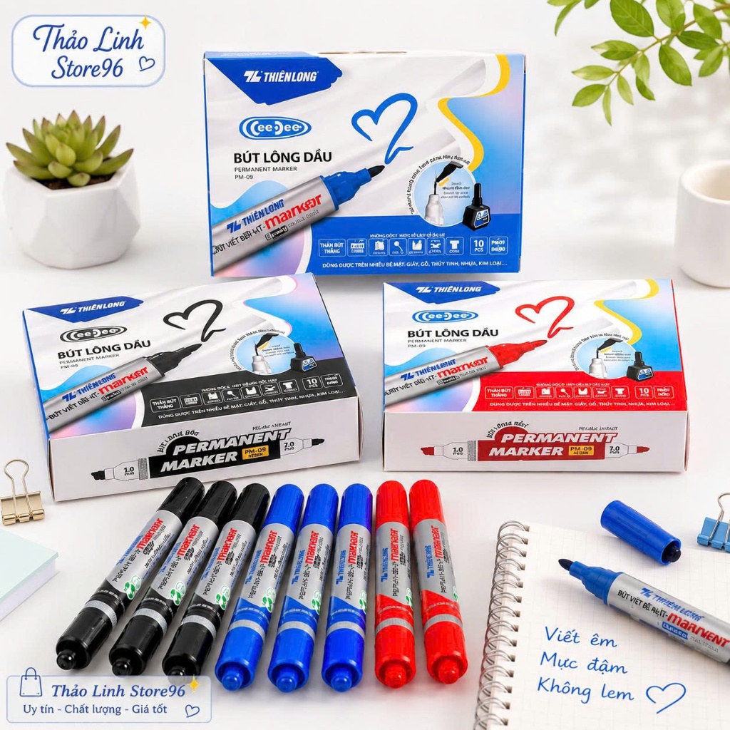 Combo 10 Bút lông dầu 2 đầu bút Thiên Long PM-09, mực đạt tiêu chuẩn Châu Âu, bám dính tốt trên nhiều vật liệu