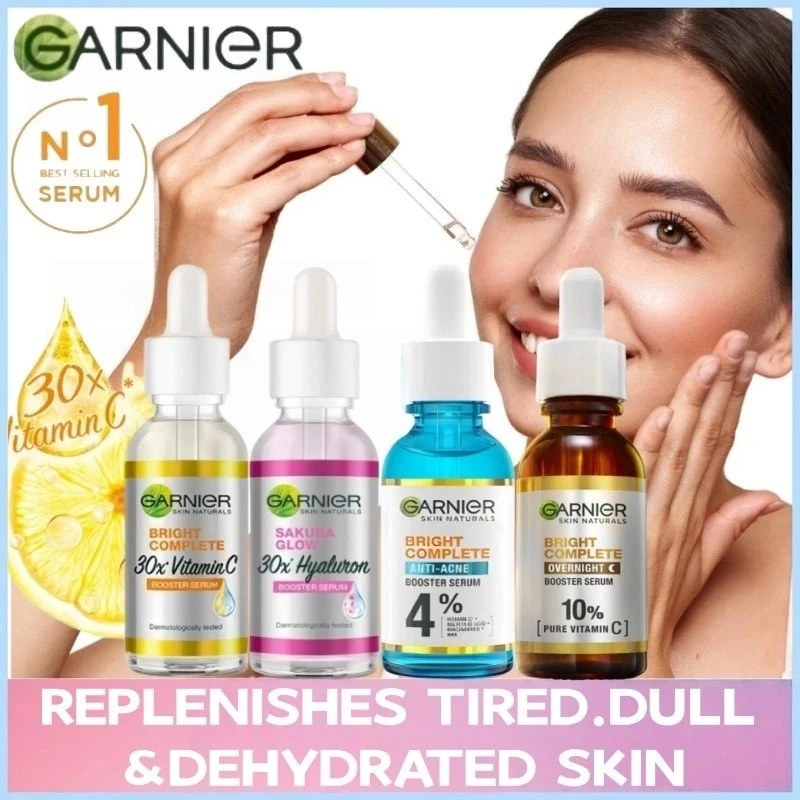 Garnier Vitamin C-30ML/Sakura Glow Hyaluron Booster Serum 30ml / Bright Complete Anti Acne Booster Serum 30ml