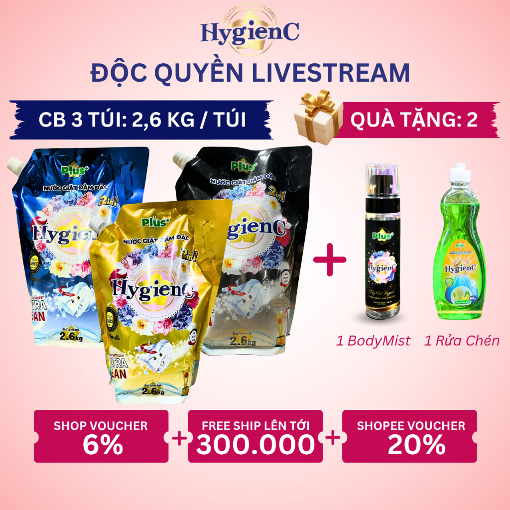 [Live Độc Quyền] Combo 3 Túi Nước Giặt Xả Đậm Đặc HygienC Plus 2.6Kg/ Túi - 6 Mùi Hương