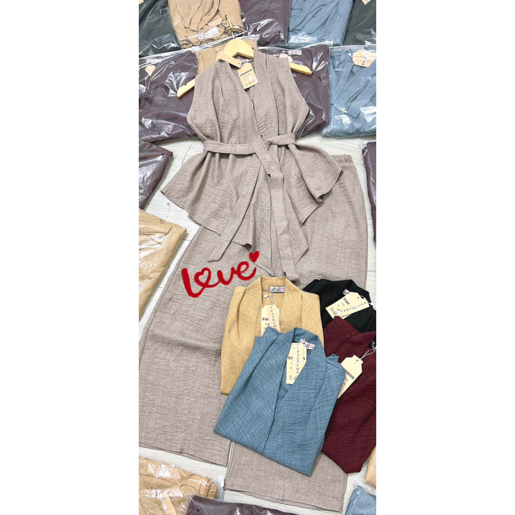 YT5- (Hoả tốc) Sét bộ đũi cổ V dáng tà nhọn kèm dây nịt thời Trầng mix quân ống rộng (40-60kg)