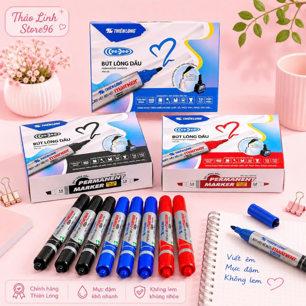 Combo 10 Bút lông dầu 2 đầu bút Thiên Long PM-09, mực đạt tiêu chuẩn Châu Âu, bám dính tốt trên nhiều vật liệu