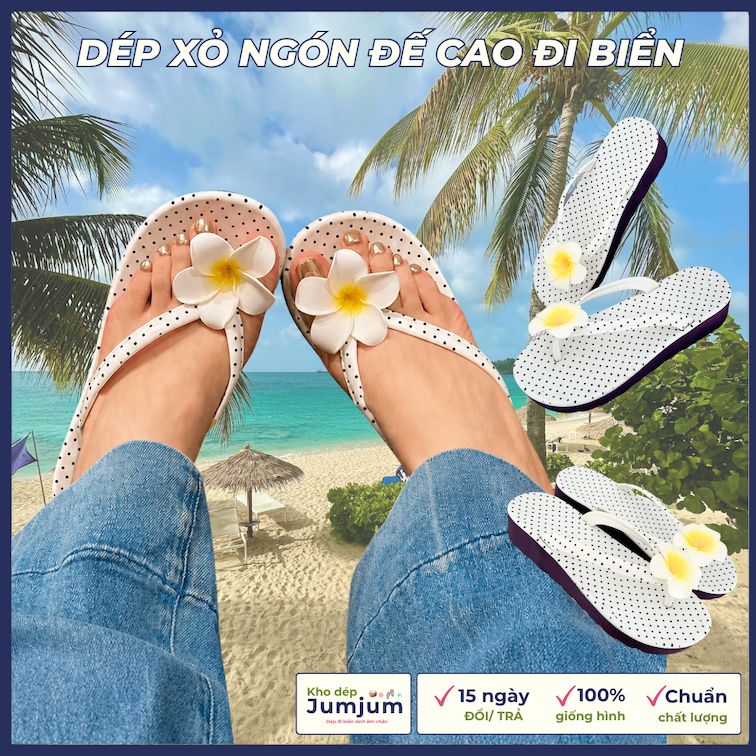 Dép xỏ ngón đế cao nữ đi biển đính hoa xinh xắn êm chân chống thấm nước chống trượt đế cao 2,5 ( cm )