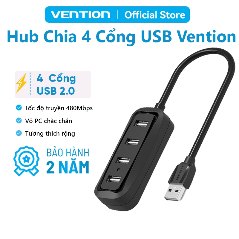 Hub Chia USB 4 Cổng Vention USB2.0 Có LED - Bộ Chia USB Adapter Cho Laptop PC MatBook Tốc Độ 480Mbps