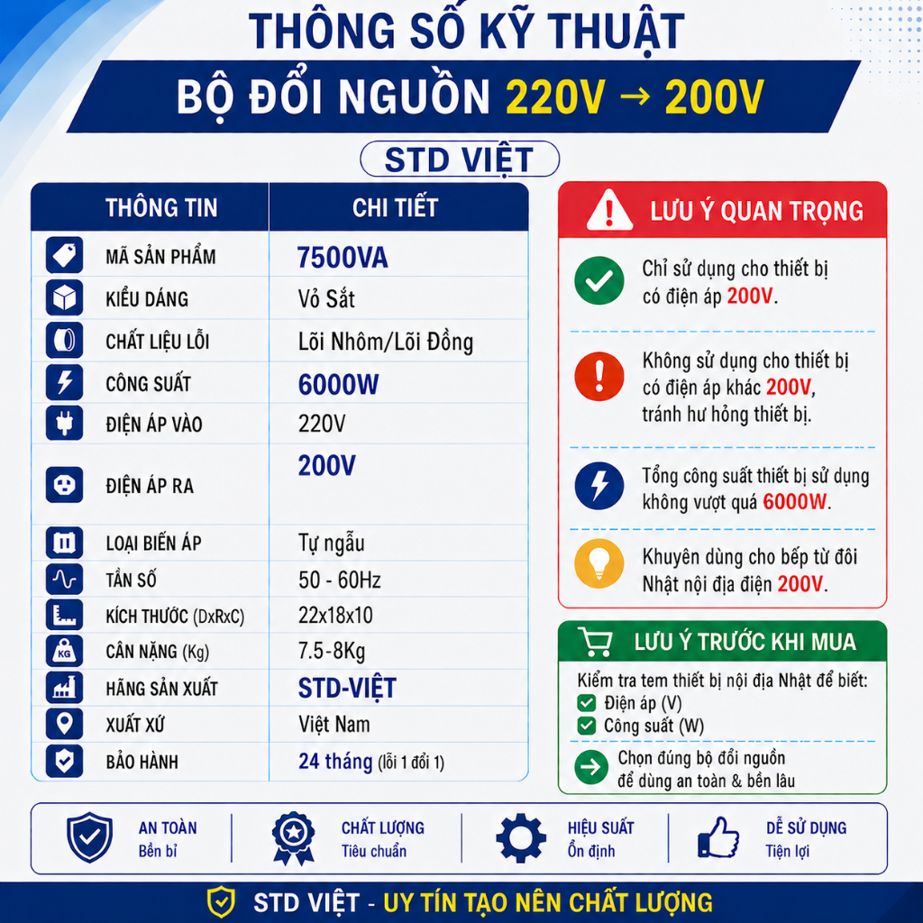 Đổi Nguồn 7500VA Từ 220V sang 200V Dùng cho Bếp Từ Nhật Công suất 6000W Bảo Hành 2 Năm - STD VIỆT