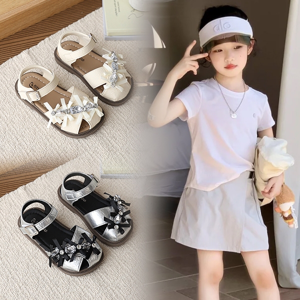 Bella Neman Giày sandal bé gái đầu búp bê nơ đính đá, đế mềm êm chân, chống trượt mùa hè