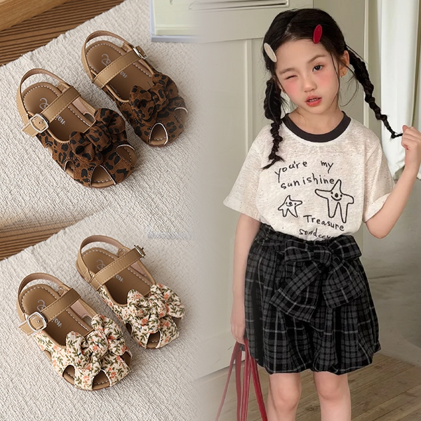 Bella Neman Giày sandal bé gái đầu búp bê hoa/leopard nơ, đế mềm êm chân, chống trượt mùa hè