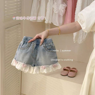 Quần short jeans cạp chun co giãn phối ren thêu trái tim hồng cho bé gái