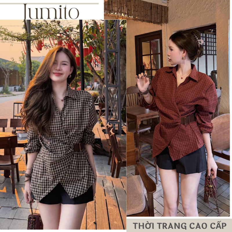 Áo sơ mi nữ kẻ caro đắp chéo vạt kèm thắt lưng phong cách Hàn Quốc áo sơ mi kiểu cổ V tay dài HCOM27211