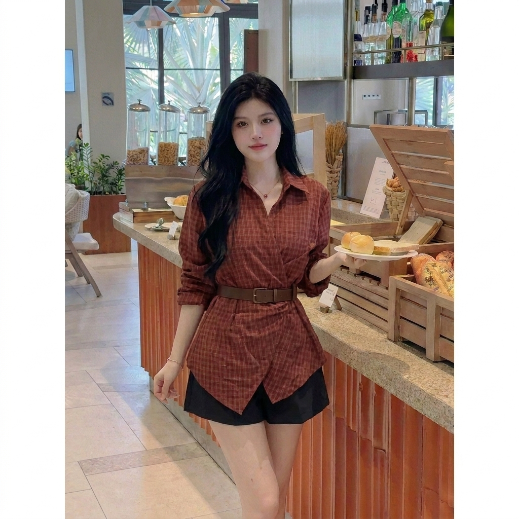 Áo sơ mi nữ kẻ caro đắp chéo vạt kèm thắt lưng phong cách Hàn Quốc áo sơ mi kiểu cổ V tay dài HCOM27211