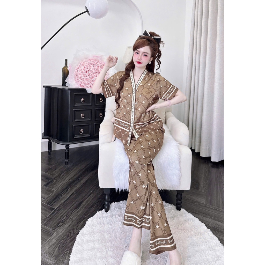 Đồ mặc nhà lụa mềm,mịn,mát,áo tay ngắn quần dài cổ Y hoạ tiết sang xịn mịn,size40-60kg
