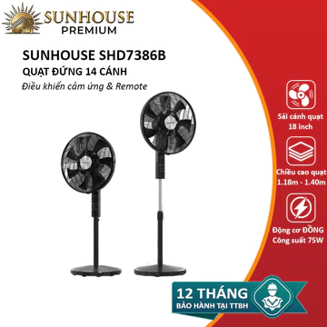 Quạt đứng có remote SUNHOUSE SHD7386B quạt 14 cánh cực mát - Bảo hành 12 tháng