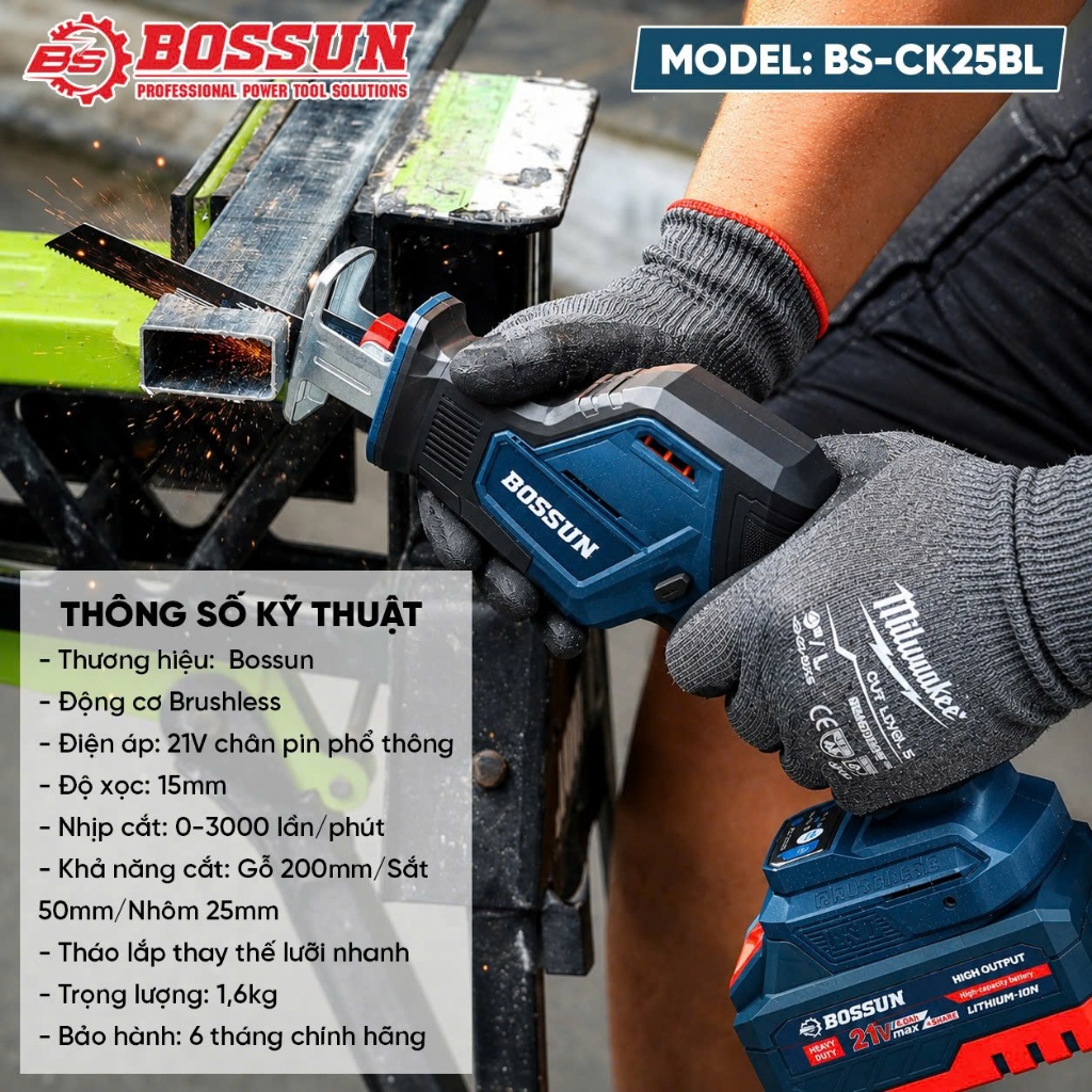 Máy Cưa Kiếm Pin BOSSUN BS-CK25BL 21V – Động Cơ Không Chổi Than 800W, Cắt Gỗ Sắt Đa Năng, Tặng 4 Lưỡi Cưa
