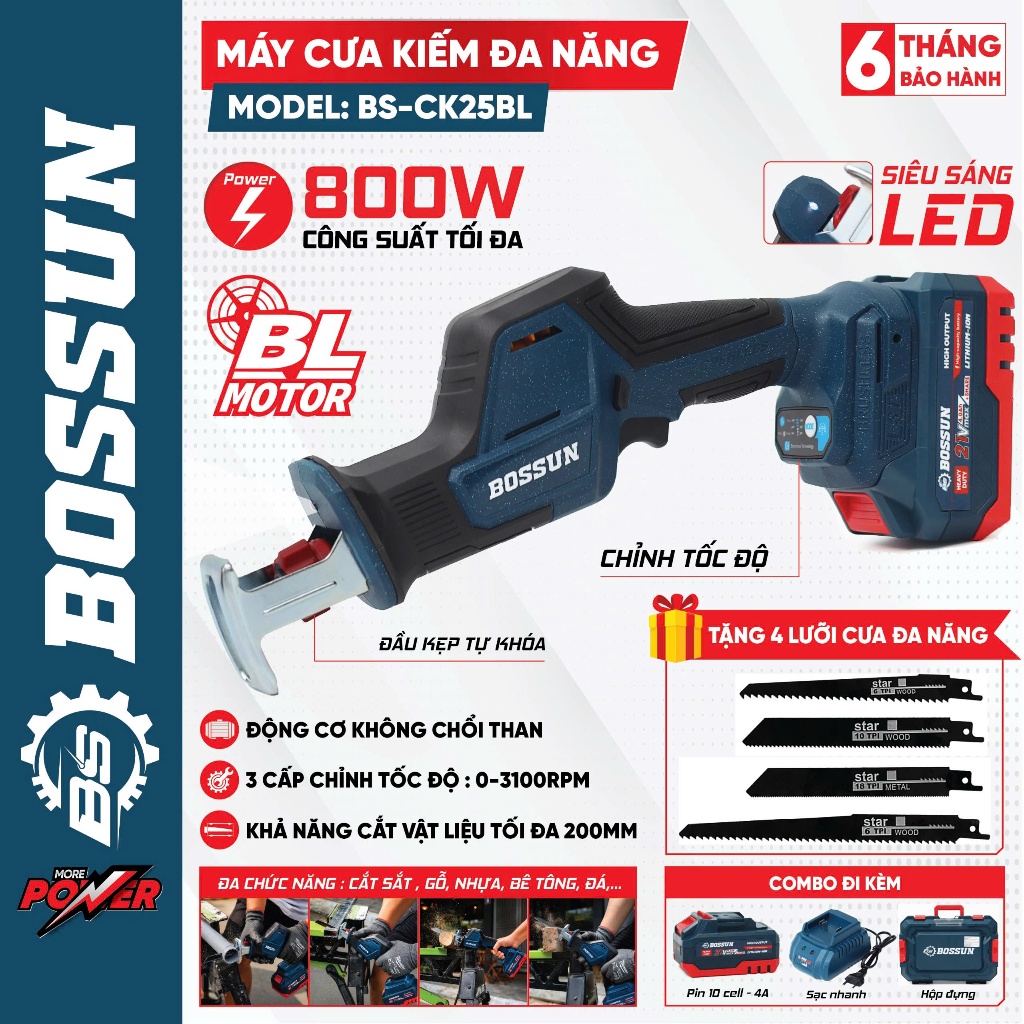 Máy Cưa Kiếm Pin BOSSUN BS-CK25BL 21V – Động Cơ Không Chổi Than 800W, Cắt Gỗ Sắt Đa Năng, Tặng 4 Lưỡi Cưa