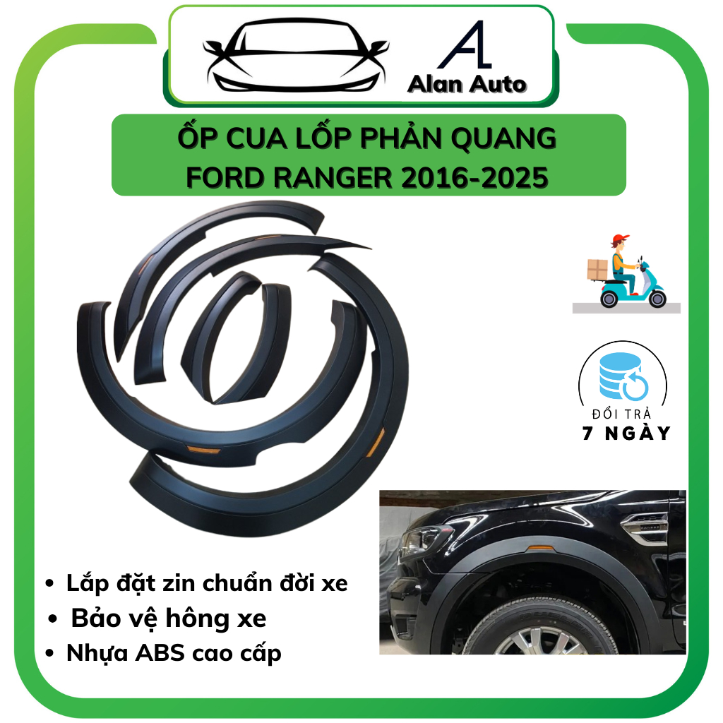 Ốp Cua Lốp xe Ford Ranger 2016 - 2025, Cua lốp Phản quang bản to- có cảm biến, Nhựa ABS thái cao cấp