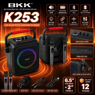 🔈Loa Bluetooth K253 Xách Tay kèm 2 mic hát Karaoke, có remote, Led RGB, điều chỉnh Bass Mic Echo...
