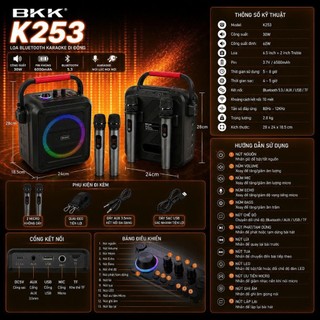 🔈Loa Bluetooth K253 Xách Tay kèm 2 mic hát Karaoke, có remote, Led RGB, điều chỉnh Bass Mic Echo...