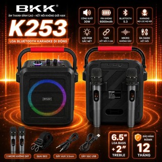 🔈Loa Bluetooth K253 Xách Tay kèm 2 mic hát Karaoke, có remote, Led RGB, điều chỉnh Bass Mic Echo...
