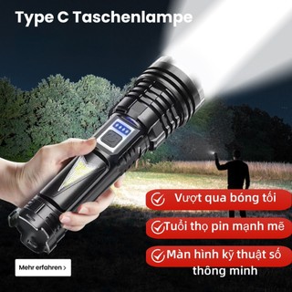 LED flashlight, 100,000 lumens, zoomable, power indicator, 100W, Type-C rechargeable, IP67 tactical flashlight