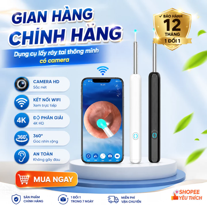 Dụng Cụ Lấy Ráy Tai Có Gắn Camera Nội Soi Full HD Đa Năng - Kết Nối Điện Thoại - Bảo Hành 12 Tháng