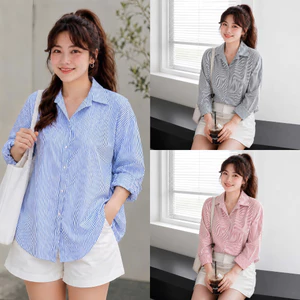 Áo Sơ Mi Tay Dài Kẻ Sọc Nhiều Màu Trendy Bigsize Nữ, Sơ Mi Công Sở Phom Rộng Vải Lụa Mặc Mát SM49