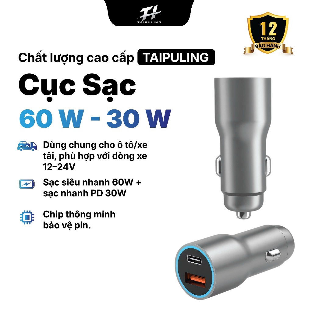Bộ sạc ô tô TAIPULING 60W USB Type-C cổng kép, sạc nhanh PD/QC, dùng cho điện thoại, ZH201