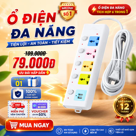 Ổ điện đa năng chống giật – dây 4m, 2 cổng USB, công suất 2500W