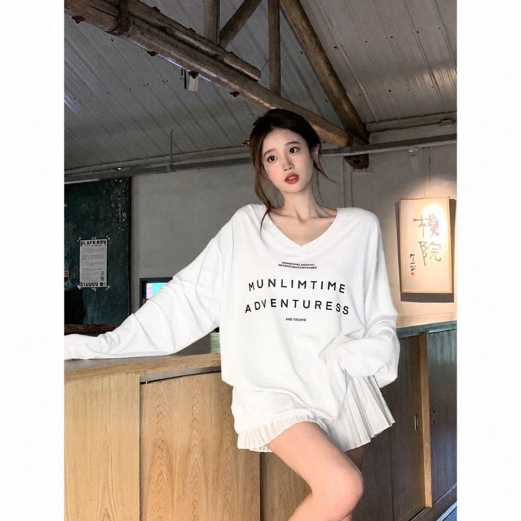 ÁO TAY DÀI CỔ TIM CHỮ ADVENTURESS FORM RỘNG CHẤT COTTON ĐƠN GIẢN DỄ PHỐI ĐỒ XINH ĐẸP OVESIZE<72KG