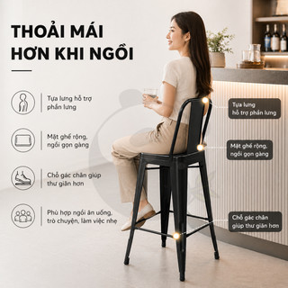 Ghế Quầy Bar Ghế Cao Quầy Kim Loại 4 Màu Sơn Tĩnh Điện, Có Tựa Lưng Cho Cafe Trà Sữa