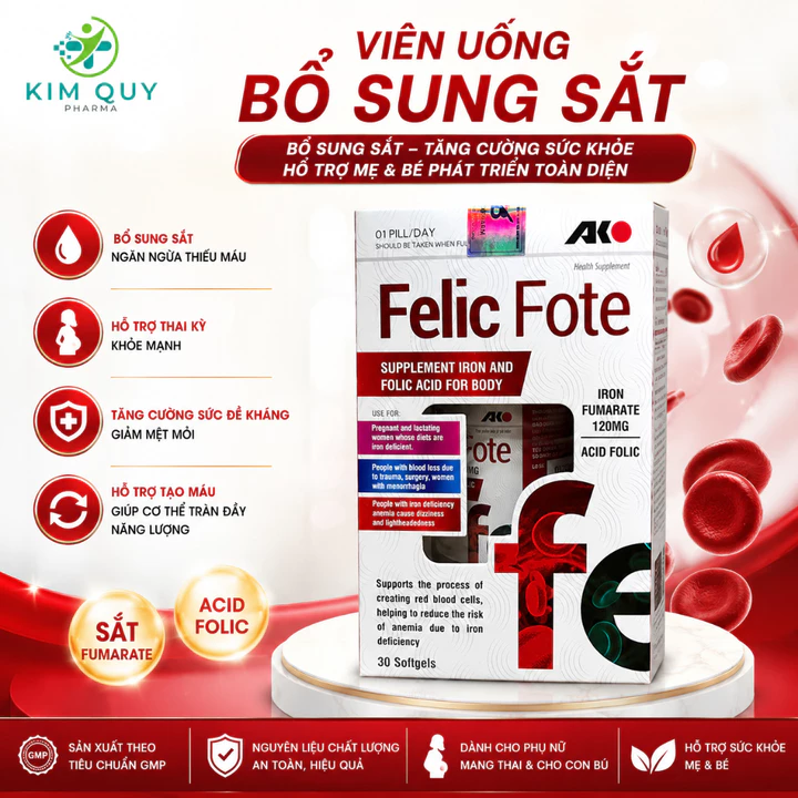 Viên Sắt Cho Bà Bầu Felic Fote - Bổ Sung Sắt Fumarat, Acid Folic, Vitamin B12 - (Hộp 30 viên )