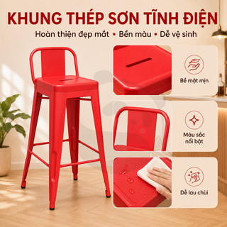 Ghế Quầy Bar Ghế Cao Quầy Kim Loại 4 Màu Sơn Tĩnh Điện, Có Tựa Lưng Cho Cafe Trà Sữa
